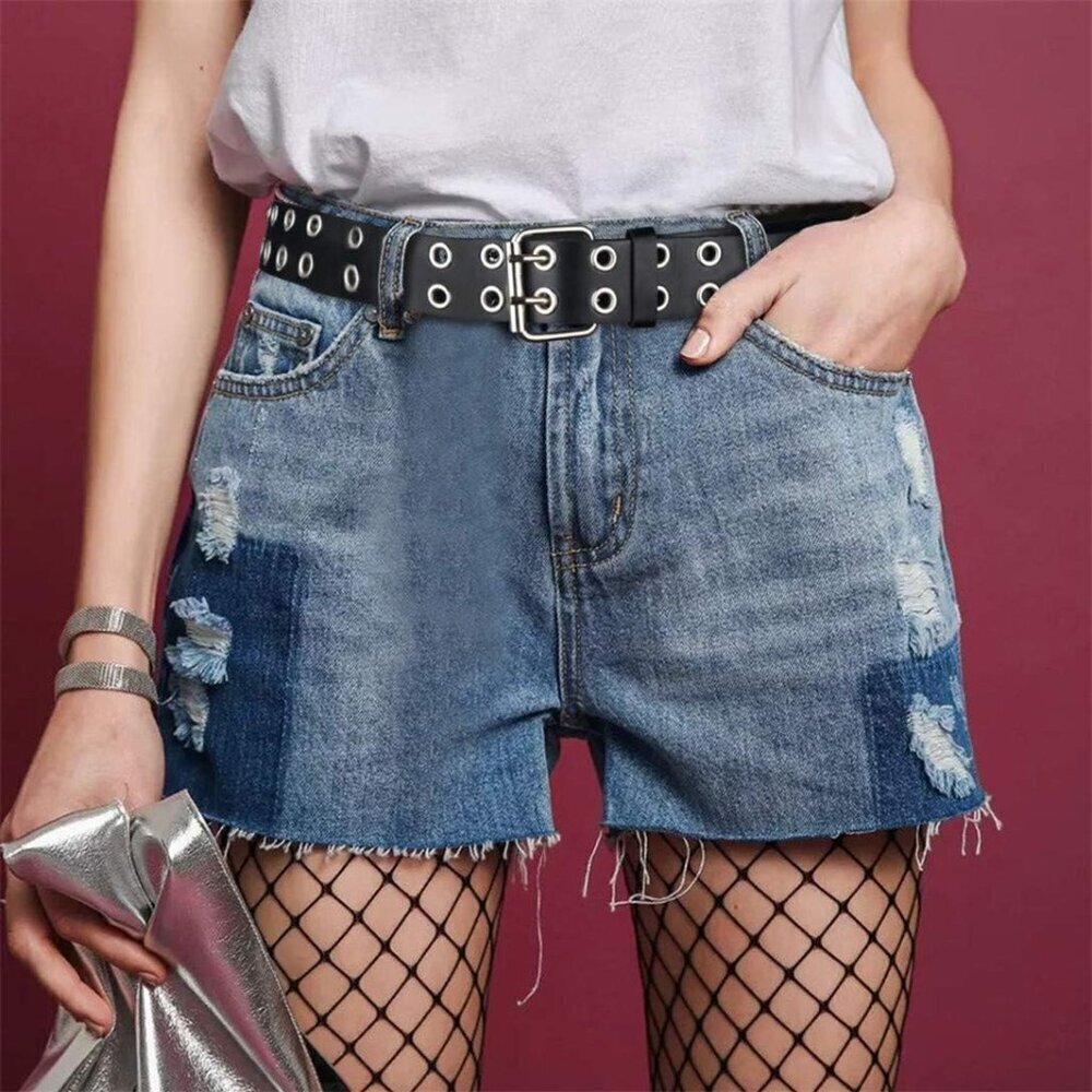 Men's Black Double Prong Alloy Buckle Vintage Punk Jeans Pu Leather Belts - Picture 2 of 5